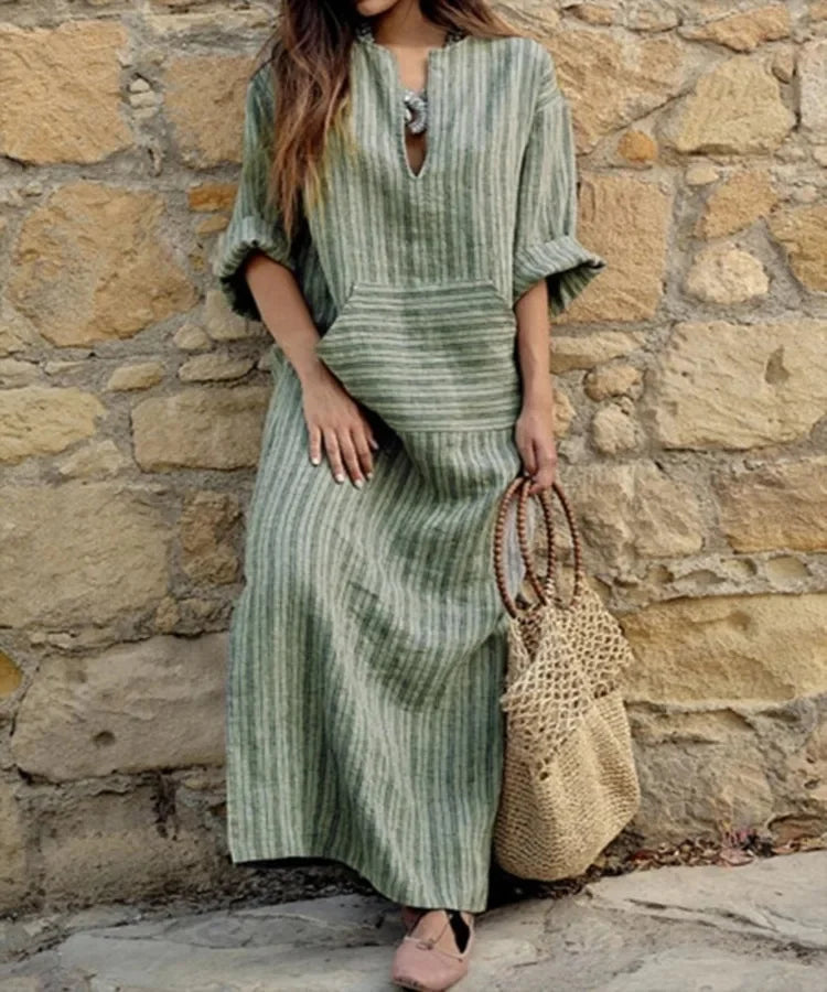 Suspiro - Vestido largo informal de rayas con cuello de pico