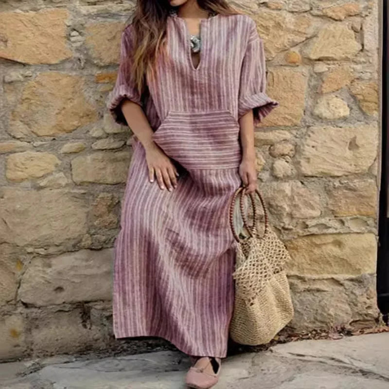 Suspiro - Vestido largo informal de rayas con cuello de pico